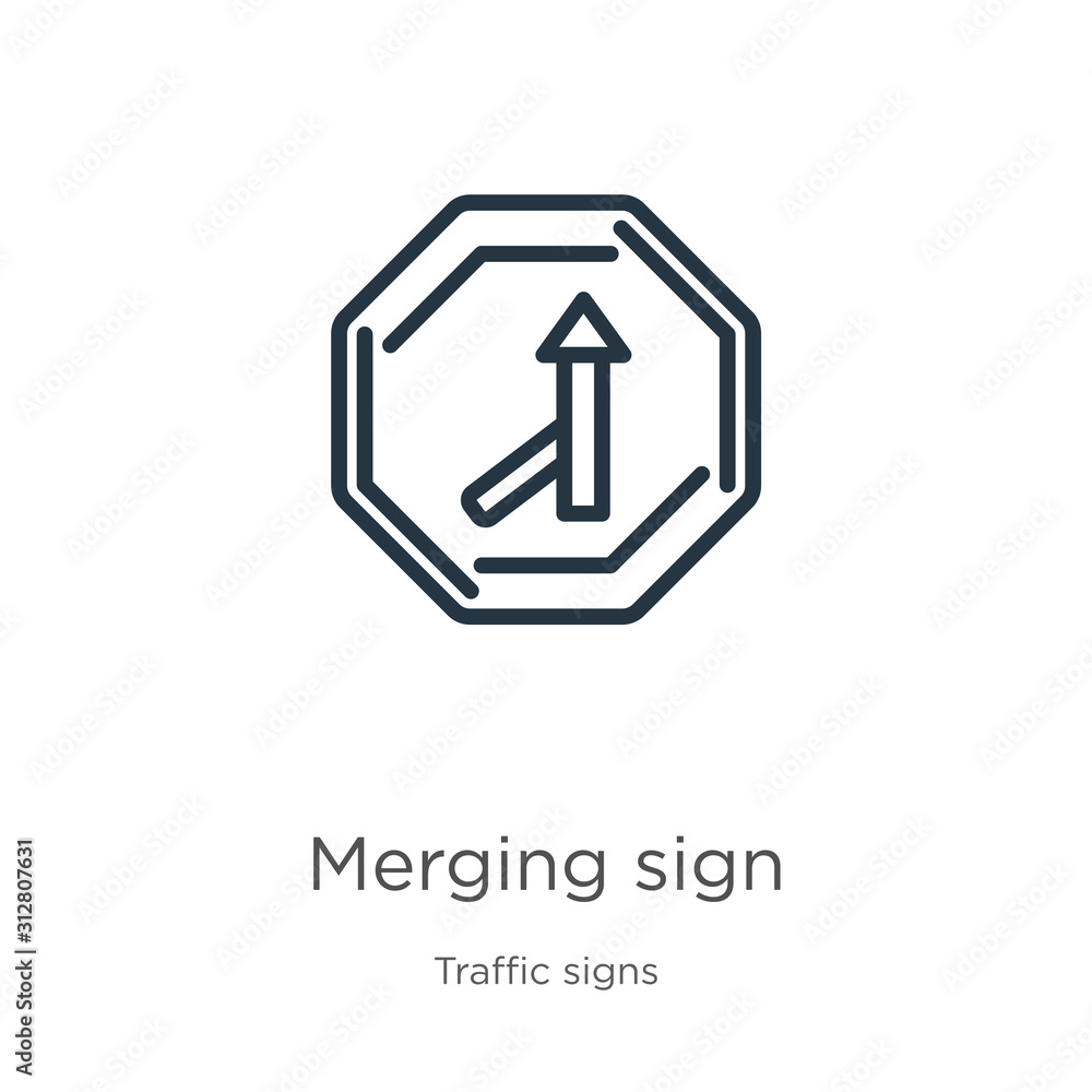 Merging sign icon. Thin linear merging sign outline icon isolated on white background from traffic signs collection. Line vector sign, symbol for web and mobile Merging sign icon. Thin linear merging sign outline icon isolated on white background from traffic signs collection. Line vector sign, symbol for web and mobile