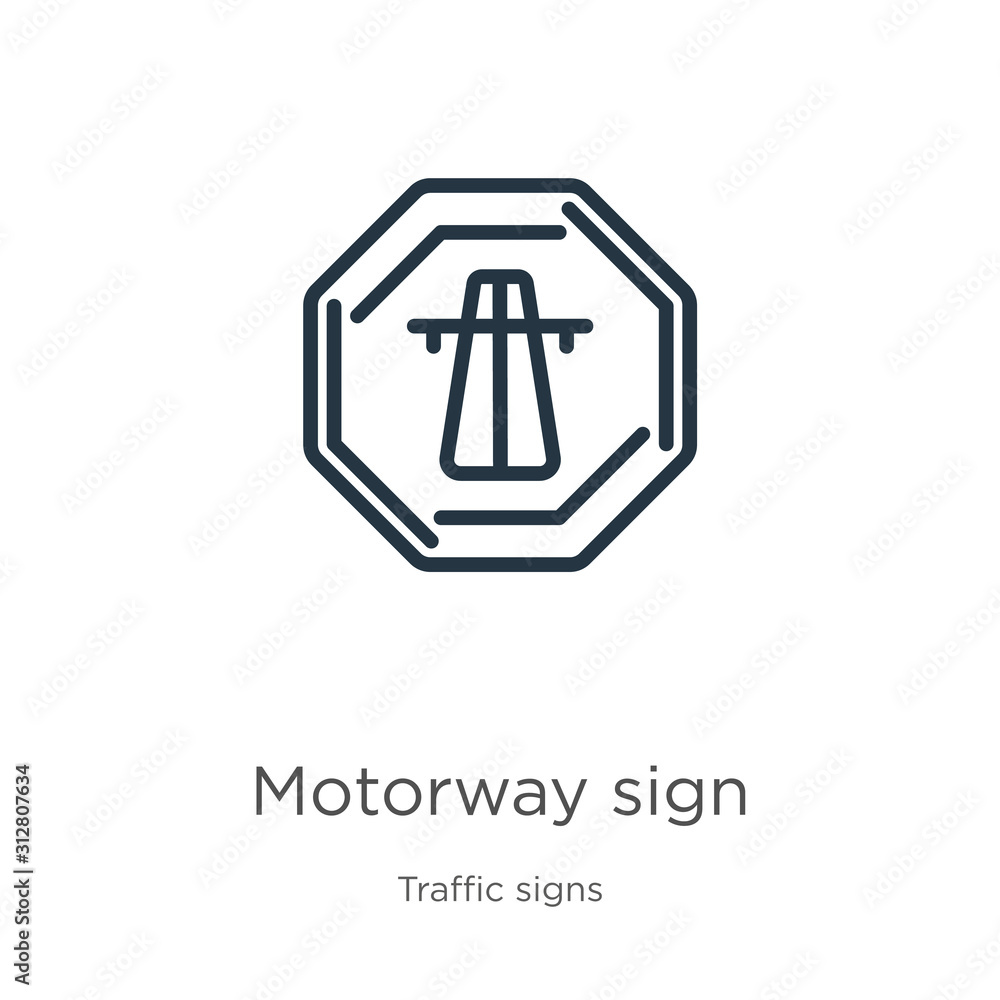 Motorway sign icon. Thin linear motorway sign outline icon isolated on white background from traffic signs collection. Line vector sign, symbol for web and mobile Motorway sign icon. Thin linear motorway sign outline icon isolated on white background from traffic signs collection. Line vector sign, symbol for web and mobile