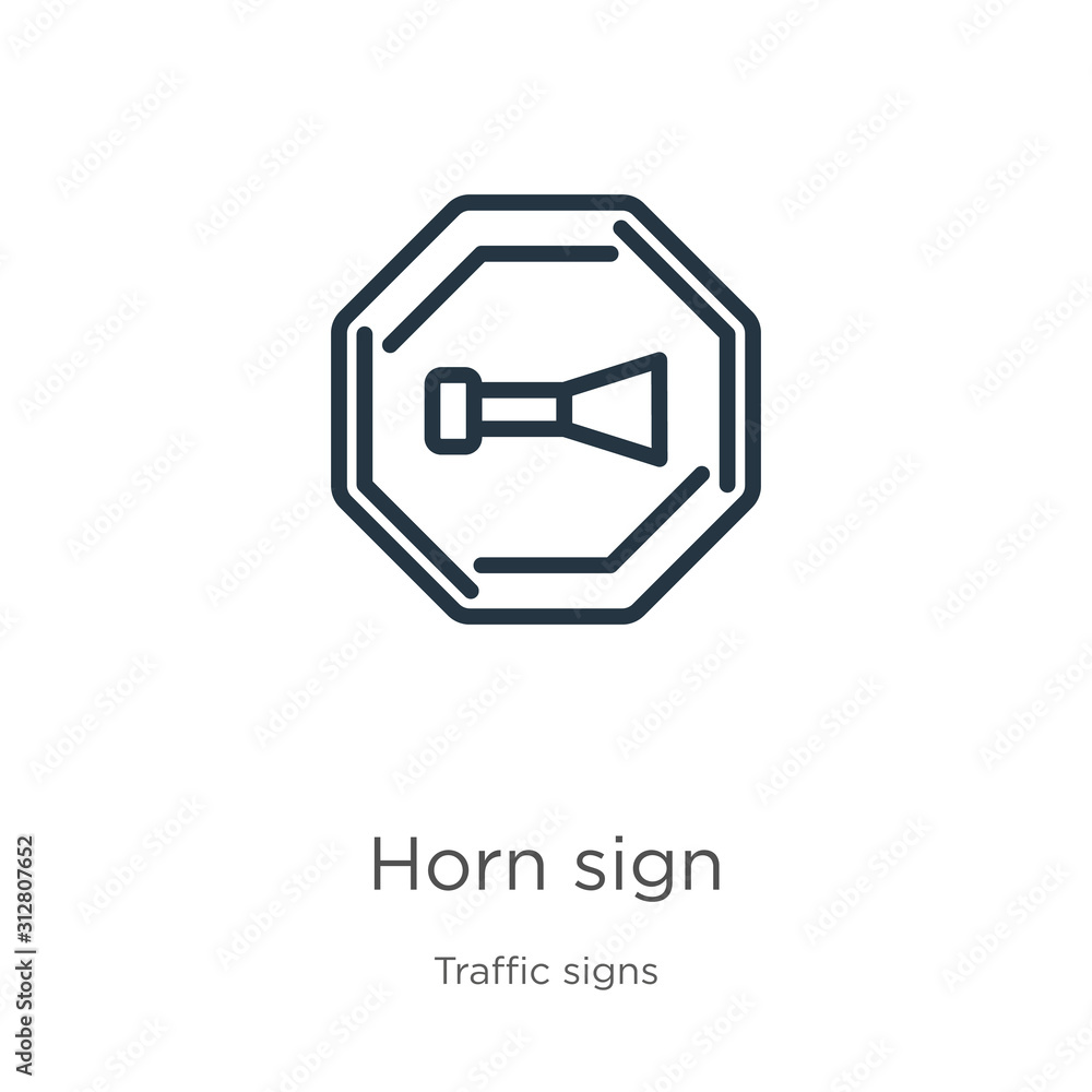 Horn sign icon. Thin linear horn sign outline icon isolated on white background from traffic signs collection. Line vector sign, symbol for web and mobile Horn sign icon. Thin linear horn sign outline icon isolated on white background from traffic signs collection. Line vector sign, symbol for web and mobile