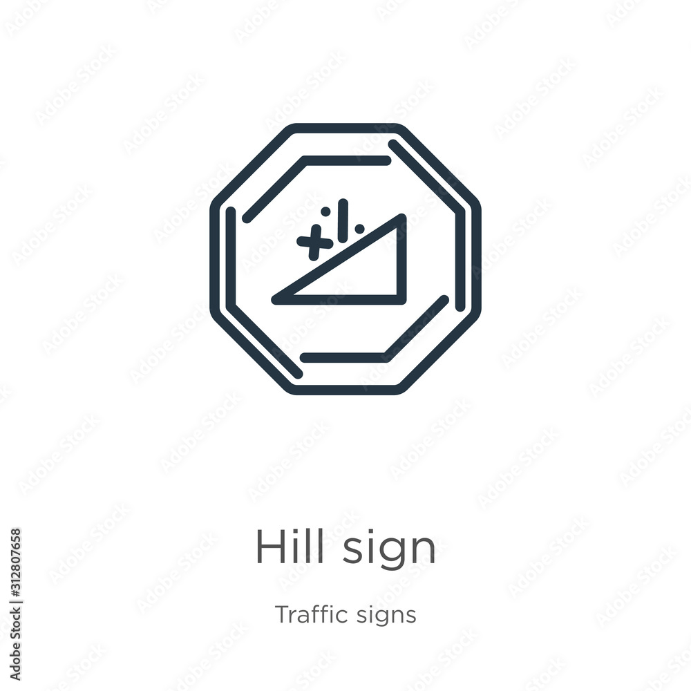 Hill sign icon. Thin linear hill sign outline icon isolated on white background from traffic signs collection. Line vector sign, symbol for web and mobile Hill sign icon. Thin linear hill sign outline icon isolated on white background from traffic signs collection. Line vector sign, symbol for web and mobile