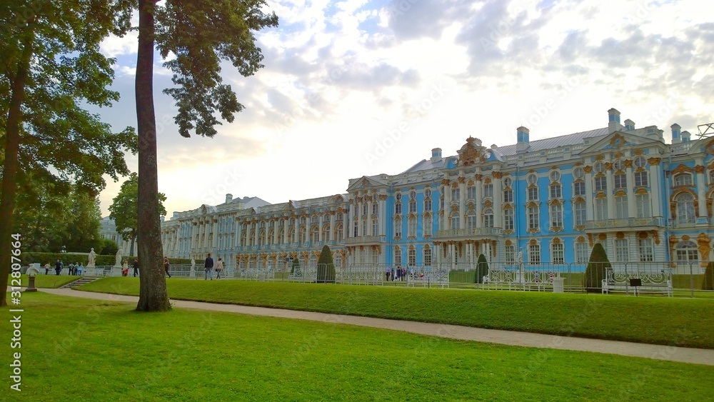 Catherine Palace and Park on a summer day, located in the suburb of St. Petersburg, in the city of Pushkin (Tsarskoe selo), Russia. Travelling. Russian royal tourist attractions. Architect Rastrelli