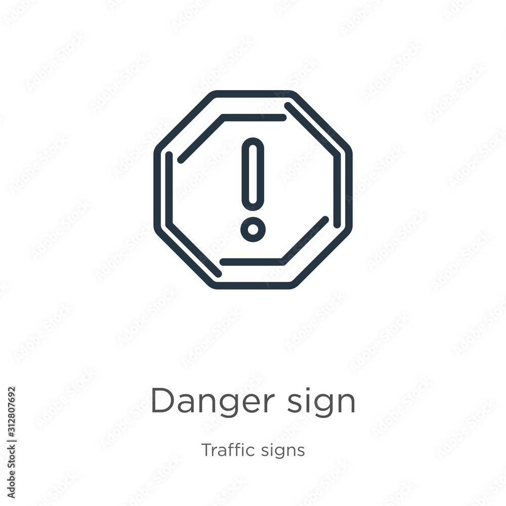 Danger sign icon. Thin linear danger sign outline icon isolated on white background from traffic signs collection. Line vector sign, symbol for web and mobile Danger sign icon. Thin linear danger sign outline icon isolated on white background from traffic signs collection. Line vector sign, symbol for web and mobile