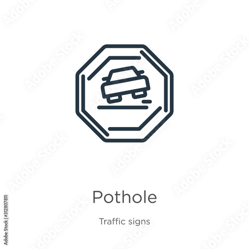 Pothole icon. Thin linear pothole outline icon isolated on white background from traffic signs collection. Line vector sign, symbol for web and mobile