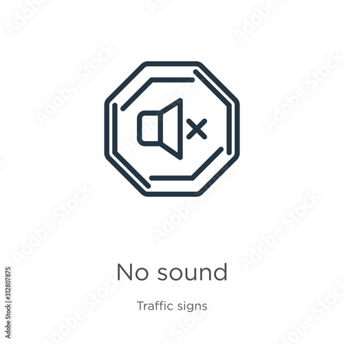 No sound icon. Thin linear no sound outline icon isolated on white background from traffic signs collection. Line vector sign, symbol for web and mobile