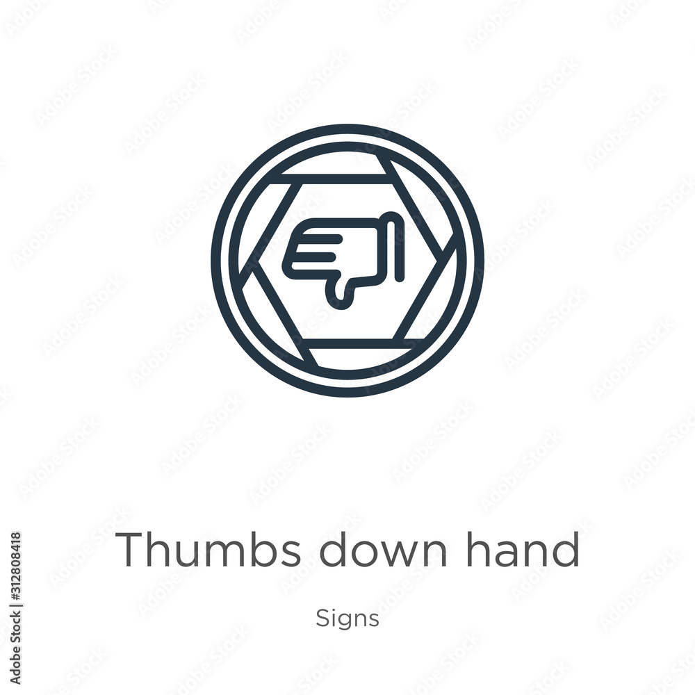 Thumbs down hand icon. Thin linear thumbs down hand outline icon isolated on white background from signs collection. Line vector sign, symbol for web and mobile Thumbs down hand icon. Thin linear thumbs down hand outline icon isolated on white background from signs collection. Line vector sign, symbol for web and mobile