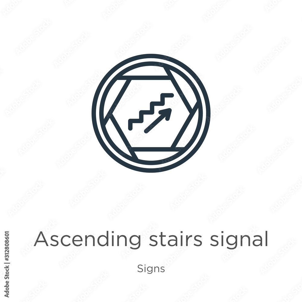Ascending stairs signal icon. Thin linear ascending stairs signal outline icon isolated on white background from signs collection. Line vector sign, symbol for web and mobile Ascending stairs signal icon. Thin linear ascending stairs signal outline icon isolated on white background from signs collection. Line vector sign, symbol for web and mobile