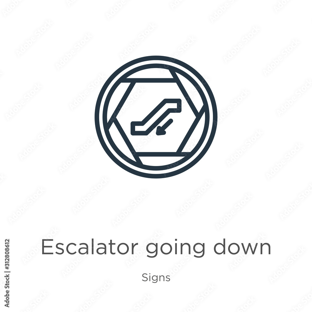 Escalator going down icon. Thin linear escalator going down outline icon isolated on white background from signs collection. Line vector sign, symbol for web and mobile Escalator going down icon. Thin linear escalator going down outline icon isolated on white background from signs collection. Line vector sign, symbol for web and mobile