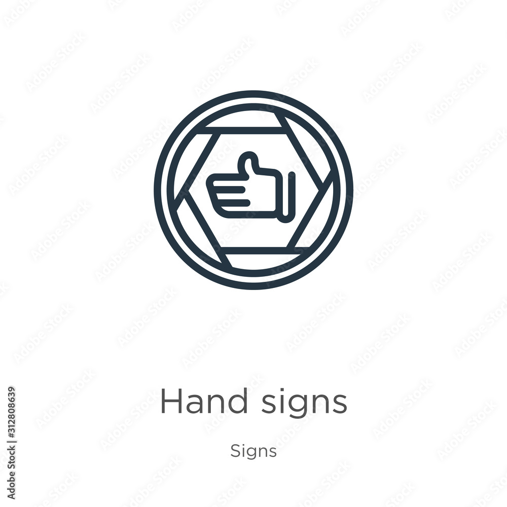 Hand signs icon. Thin linear hand signs outline icon isolated on white background from signs collection. Line vector sign, symbol for web and mobile Hand signs icon. Thin linear hand signs outline icon isolated on white background from signs collection. Line vector sign, symbol for web and mobile