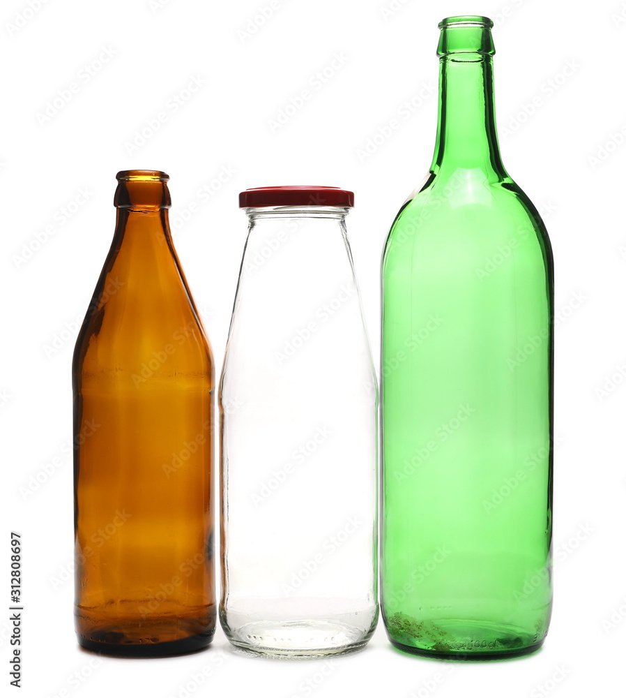 Empty bottle of beer, wine, and juice isolated on white background Empty bottle of beer, wine, and juice isolated on white background