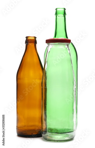 Empty bottle of beer  wine  and juice isolated on white background