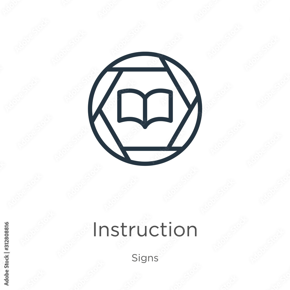 Instruction icon. Thin linear instruction outline icon isolated on white background from signs collection. Line vector sign, symbol for web and mobile Instruction icon. Thin linear instruction outline icon isolated on white background from signs collection. Line vector sign, symbol for web and mobile