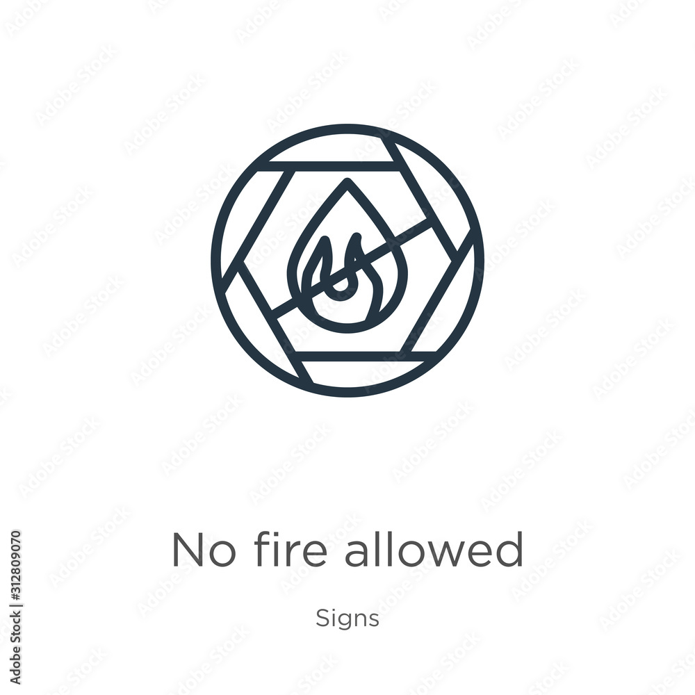 No fire allowed icon. Thin linear no fire allowed outline icon isolated on white background from signs collection. Line vector sign, symbol for web and mobile No fire allowed icon. Thin linear no fire allowed outline icon isolated on white background from signs collection. Line vector sign, symbol for web and mobile