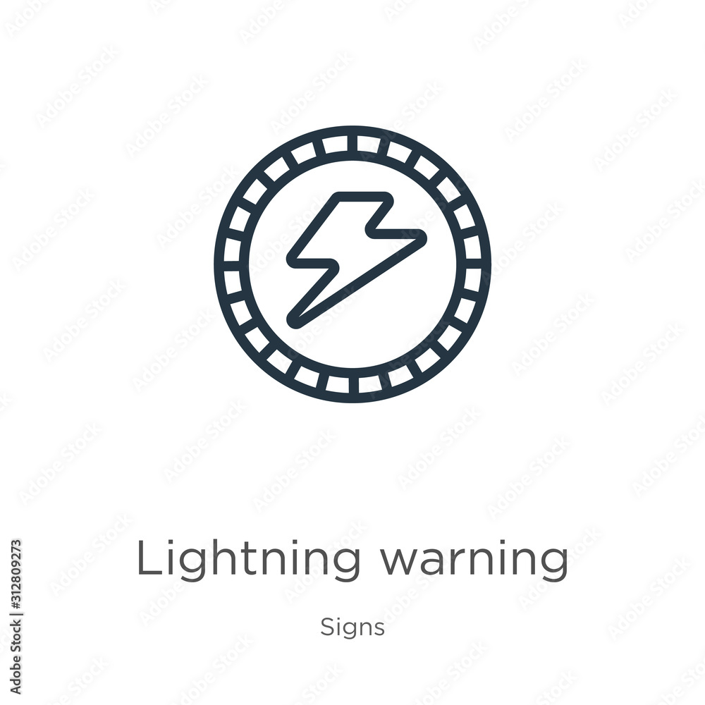 Lightning warning icon. Thin linear lightning warning outline icon isolated on white background from signs collection. Line vector sign, symbol for web and mobile