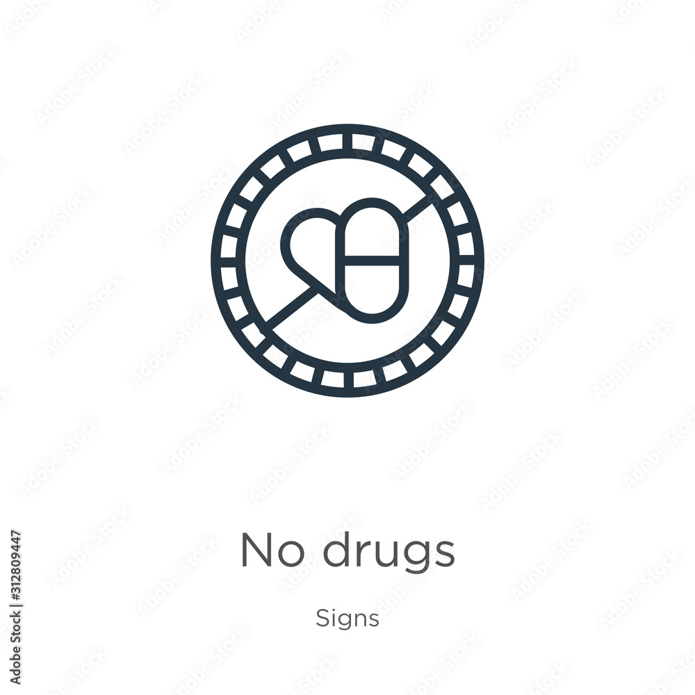 No drugs icon. Thin linear no drugs outline icon isolated on white background from signs collection. Line vector sign, symbol for web and mobile No drugs icon. Thin linear no drugs outline icon isolated on white background from signs collection. Line vector sign, symbol for web and mobile