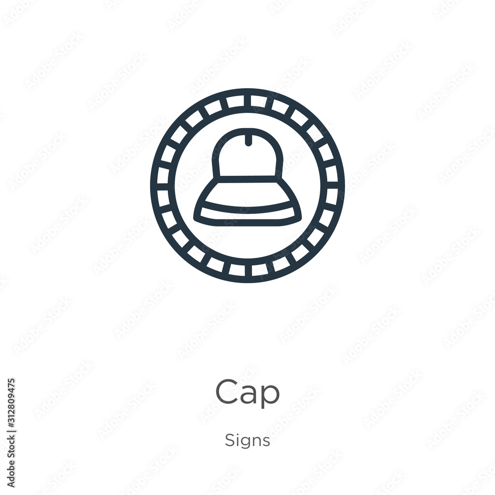 Cap icon. Thin linear cap outline icon isolated on white background from signs collection. Line vector sign, symbol for web and mobile Cap icon. Thin linear cap outline icon isolated on white background from signs collection. Line vector sign, symbol for web and mobile