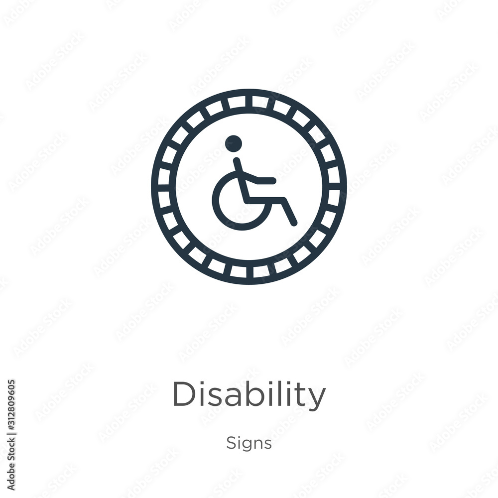Disability icon. Thin linear disability outline icon isolated on white background from signs collection. Line vector sign, symbol for web and mobile Disability icon. Thin linear disability outline icon isolated on white background from signs collection. Line vector sign, symbol for web and mobile