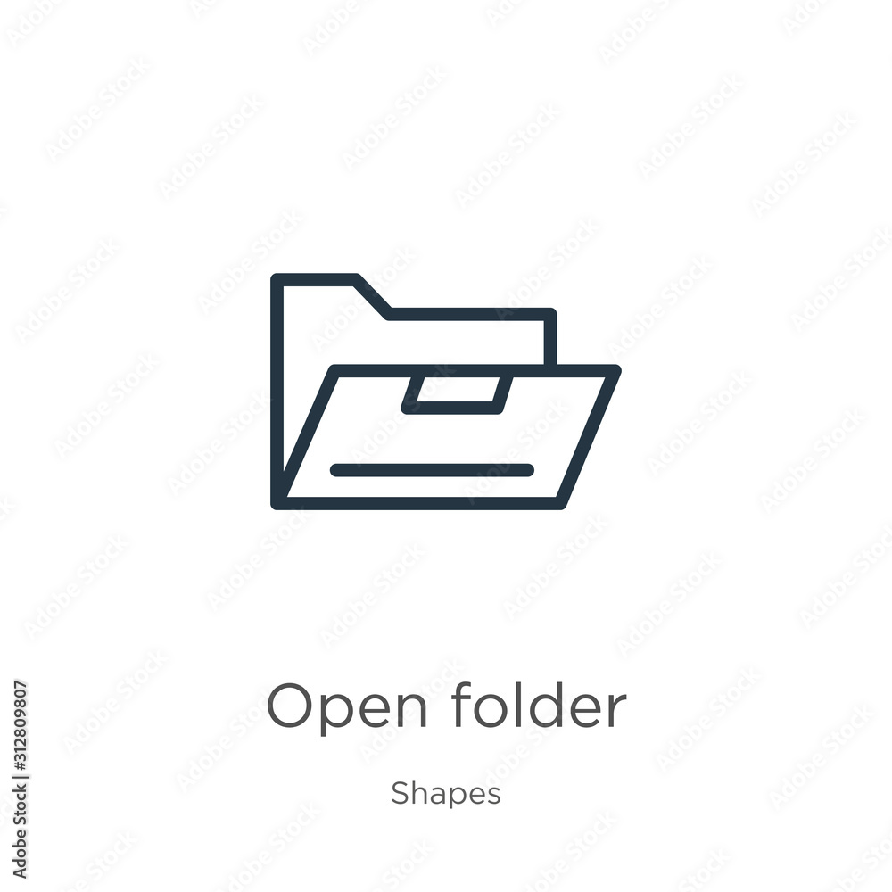 Open folder icon. Thin linear open folder outline icon isolated on white background from shapes collection. Line vector sign, symbol for web and mobile Open folder icon. Thin linear open folder outline icon isolated on white background from shapes collection. Line vector sign, symbol for web and mobile