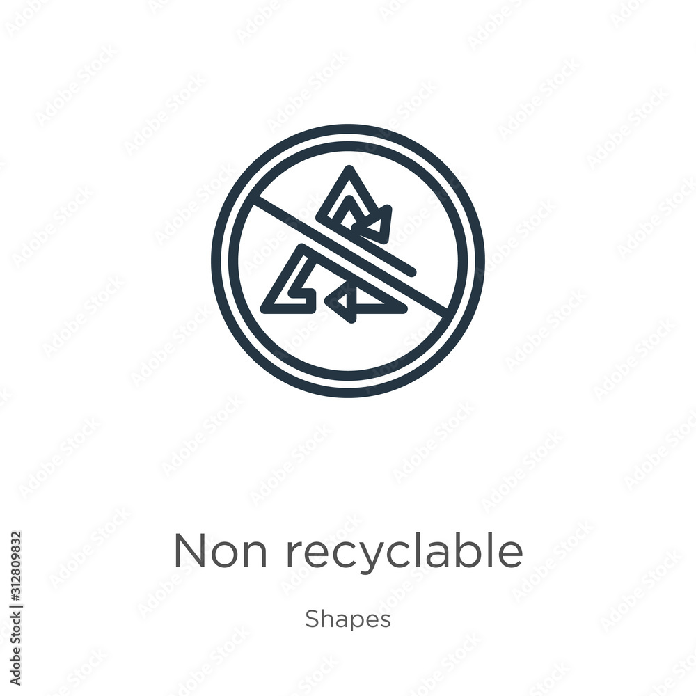 Non recyclable icon. Thin linear non recyclable outline icon isolated on white background from shapes collection. Line vector sign, symbol for web and mobile Non recyclable icon. Thin linear non recyclable outline icon isolated on white background from shapes collection. Line vector sign, symbol for web and mobile