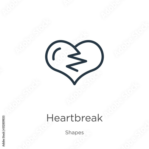 Heartbreak icon. Thin linear heartbreak outline icon isolated on white background from shapes collection. Line vector sign, symbol for web and mobile