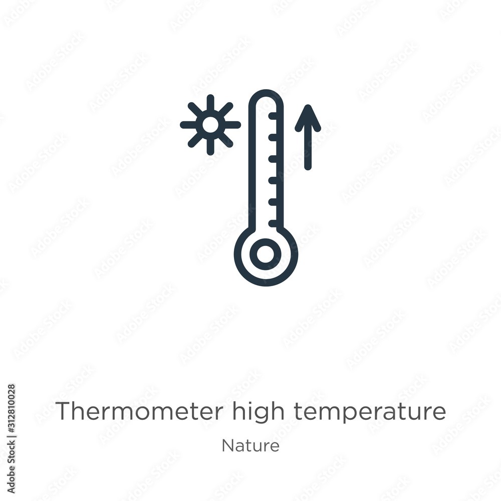 Thermometer high temperature icon. Thin linear thermometer high temperature outline icon isolated on white background from nature collection. Line vector sign, symbol for web and mobile Thermometer high temperature icon. Thin linear thermometer high temperature outline icon isolated on white background from nature collection. Line vector sign, symbol for web and mobile