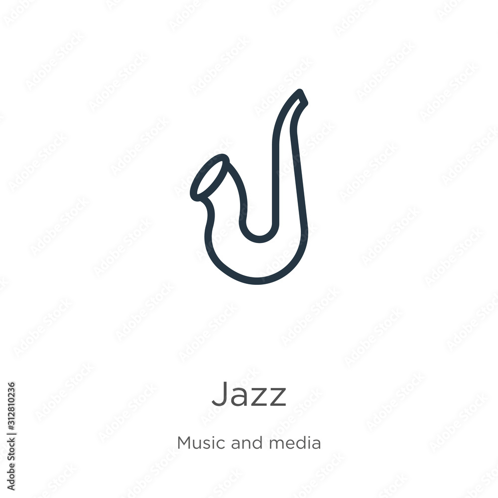 Jazz icon. Thin linear jazz outline icon isolated on white background from music collection. Line vector sign, symbol for web and mobile Jazz icon. Thin linear jazz outline icon isolated on white background from music collection. Line vector sign, symbol for web and mobile