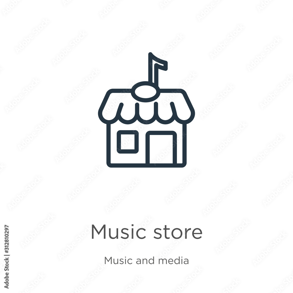 Music store icon. Thin linear music store outline icon isolated on white background from music collection. Line vector sign, symbol for web and mobile Music store icon. Thin linear music store outline icon isolated on white background from music collection. Line vector sign, symbol for web and mobile