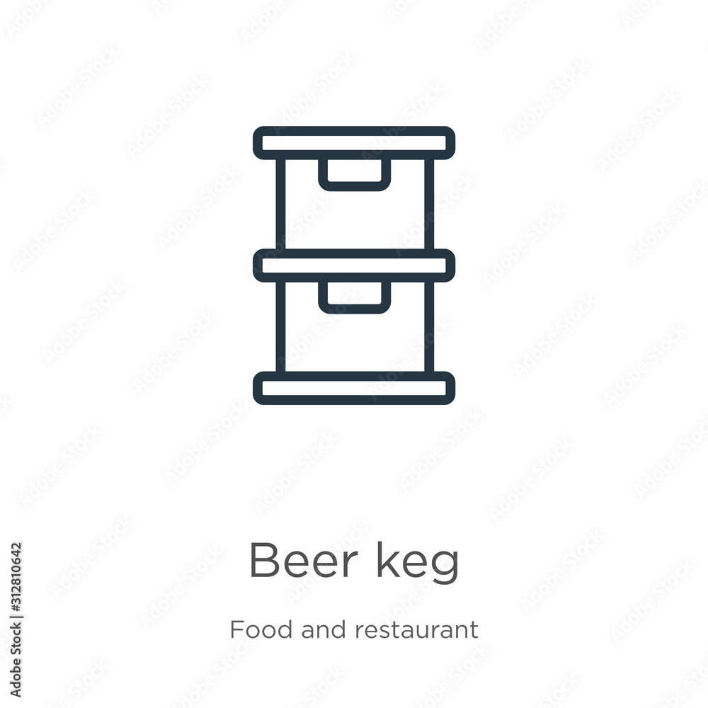 Beer keg icon. Thin linear beer keg outline icon isolated on white background from food and restaurant collection. Line vector sign, symbol for web and mobile Beer keg icon. Thin linear beer keg outline icon isolated on white background from food and restaurant collection. Line vector sign, symbol for web and mobile