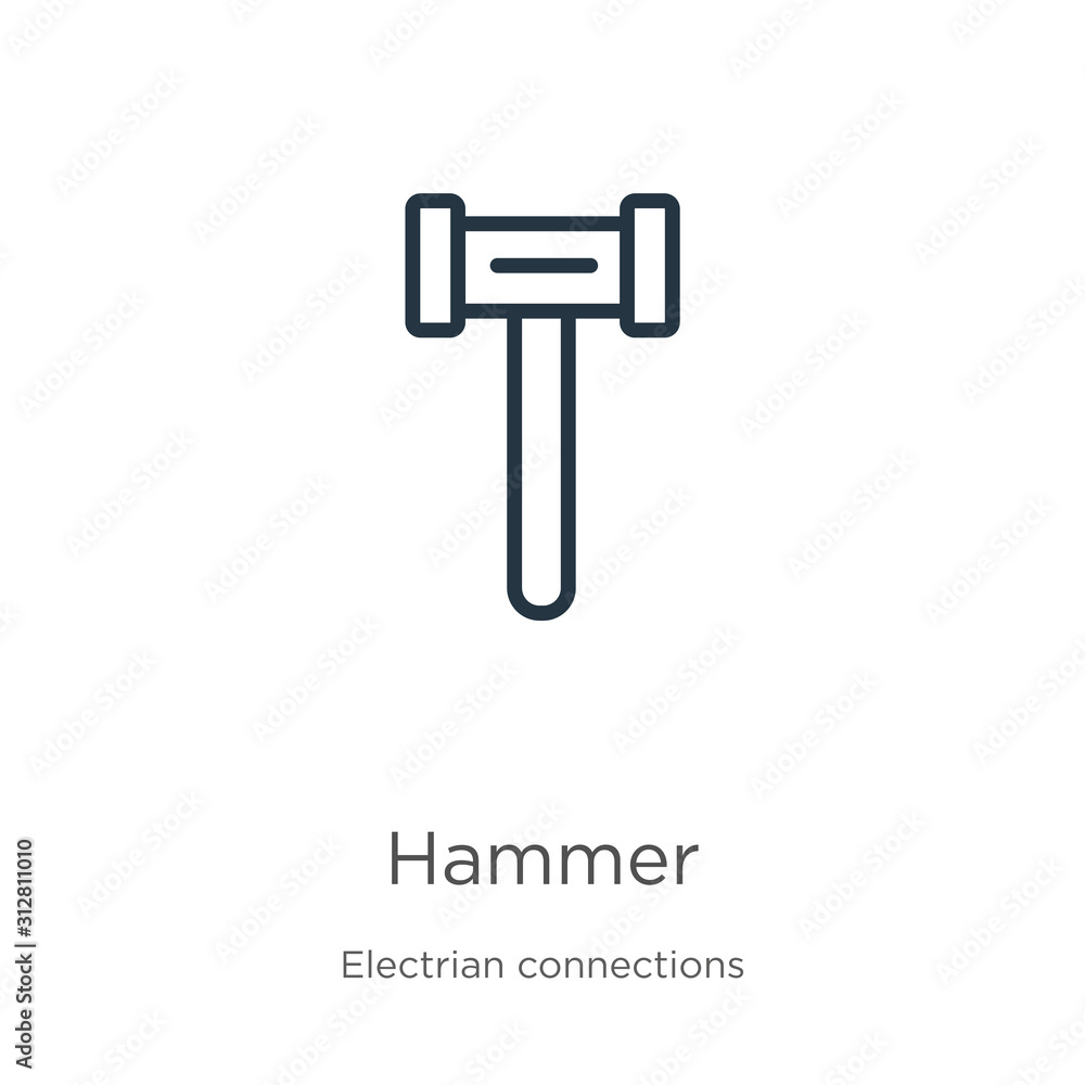 Hammer icon. Thin linear hammer outline icon isolated on white background from electrian connections collection. Line vector sign, symbol for web and mobile Hammer icon. Thin linear hammer outline icon isolated on white background from electrian connections collection. Line vector sign, symbol for web and mobile