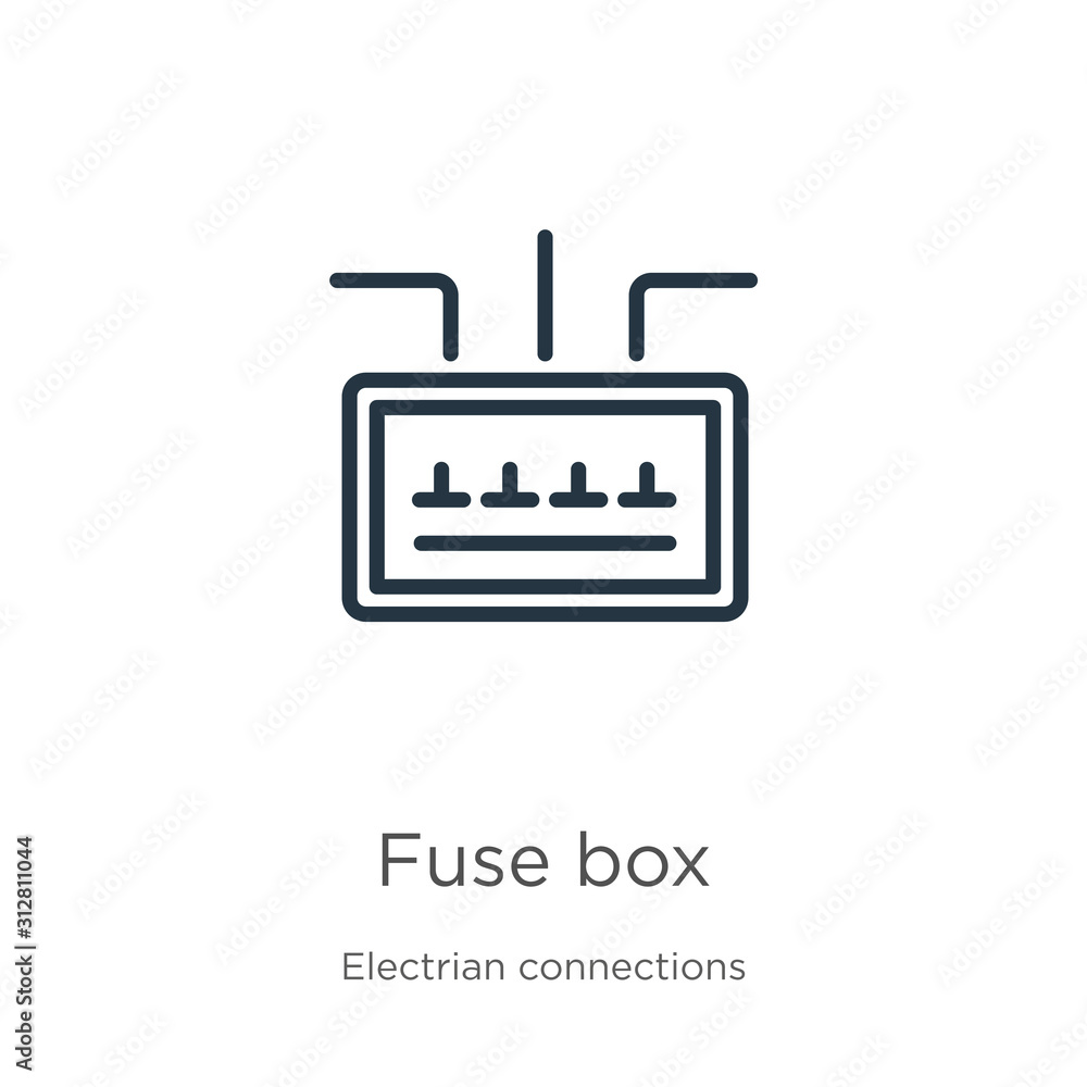 Fuse box icon. Thin linear fuse box outline icon isolated on white background from electrian connections collection. Line vector sign, symbol for web and mobile Fuse box icon. Thin linear fuse box outline icon isolated on white background from electrian connections collection. Line vector sign, symbol for web and mobile