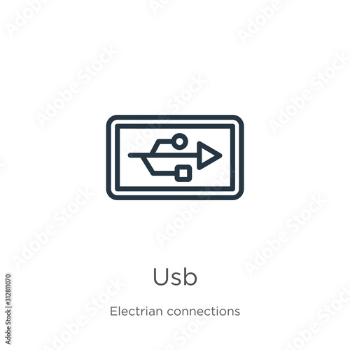 Usb icon. Thin linear usb outline icon isolated on white background from electrian connections collection. Line vector sign, symbol for web and mobile