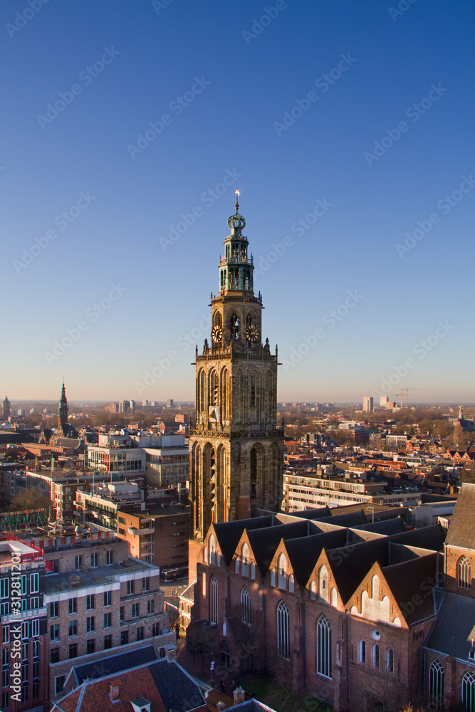 Φωτογραφία Aerial view over the Dutch city Groningen and the medieval Martini tower, seen f