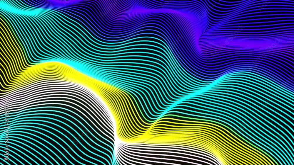 Fototapeta premium Computer generated a big data wave of particles. Color striped effect. 3D rendering of a futuristic neon luminous surface