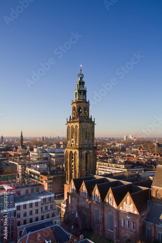 Aerial view over the Dutch city Groningen and the medieval Martini tower, seen from the roof of the Forum photo