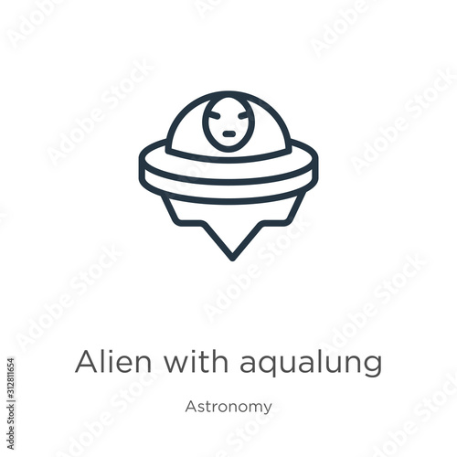 Alien with aqualung icon. Thin linear alien with aqualung outline icon isolated on white background from astronomy collection. Line vector sign, symbol for web and mobile