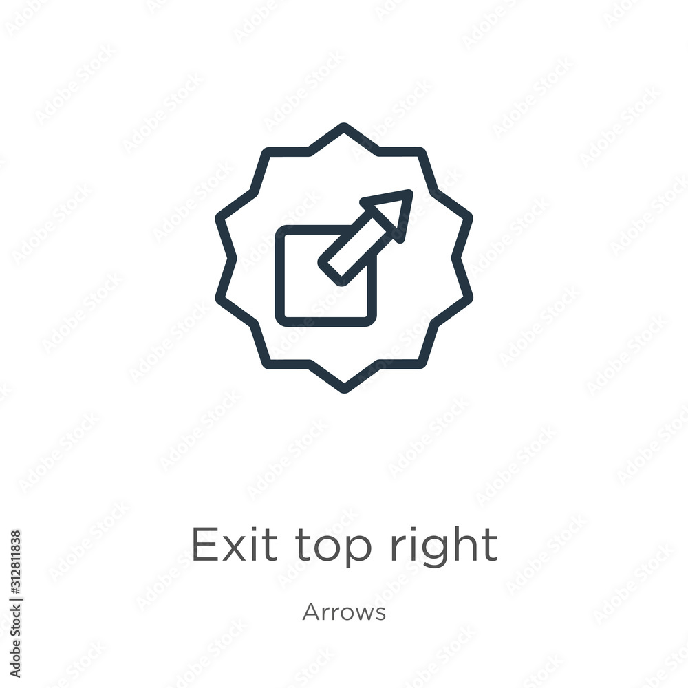 Exit top right icon. Thin linear exit top right outline icon isolated on white background from arrows collection. Line vector sign, symbol for web and mobile Exit top right icon. Thin linear exit top right outline icon isolated on white background from arrows collection. Line vector sign, symbol for web and mobile