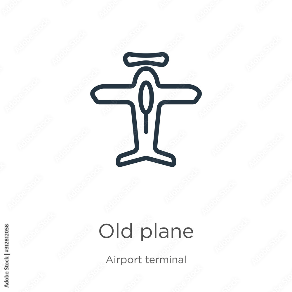 Old plane icon. Thin linear old plane outline icon isolated on white background from airport terminal collection. Line vector sign, symbol for web and mobile Old plane icon. Thin linear old plane outline icon isolated on white background from airport terminal collection. Line vector sign, symbol for web and mobile