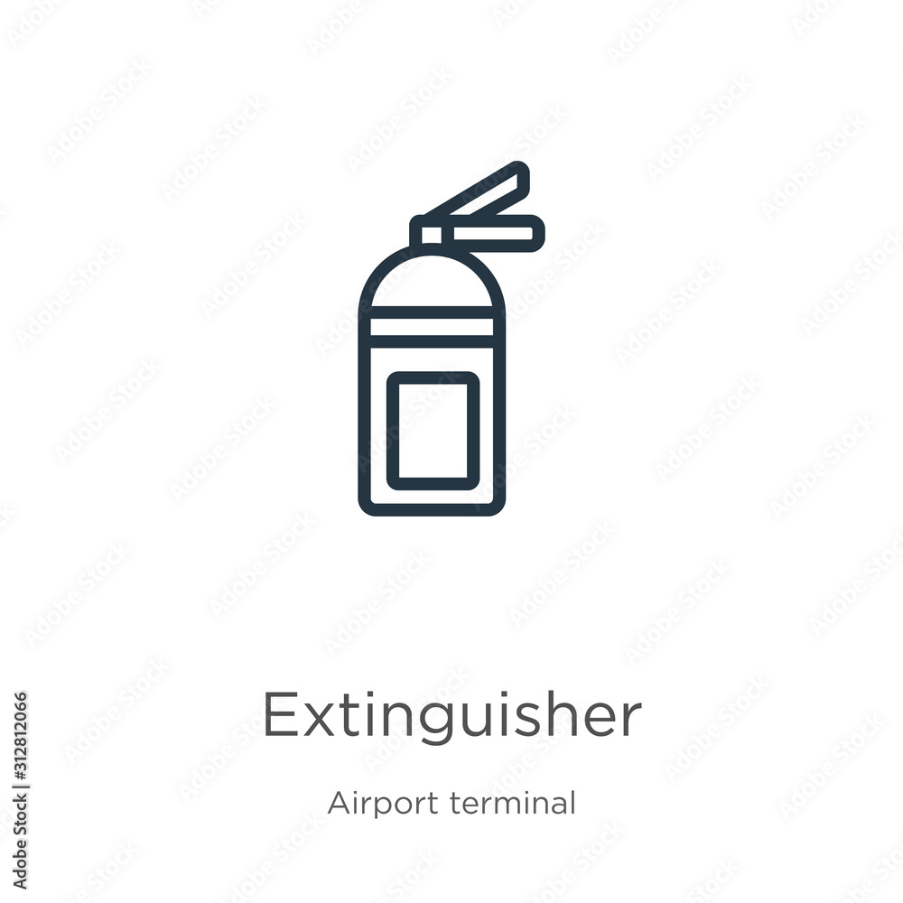 Extinguisher icon. Thin linear extinguisher outline icon isolated on white background from airport terminal collection. Line vector sign, symbol for web and mobile Extinguisher icon. Thin linear extinguisher outline icon isolated on white background from airport terminal collection. Line vector sign, symbol for web and mobile