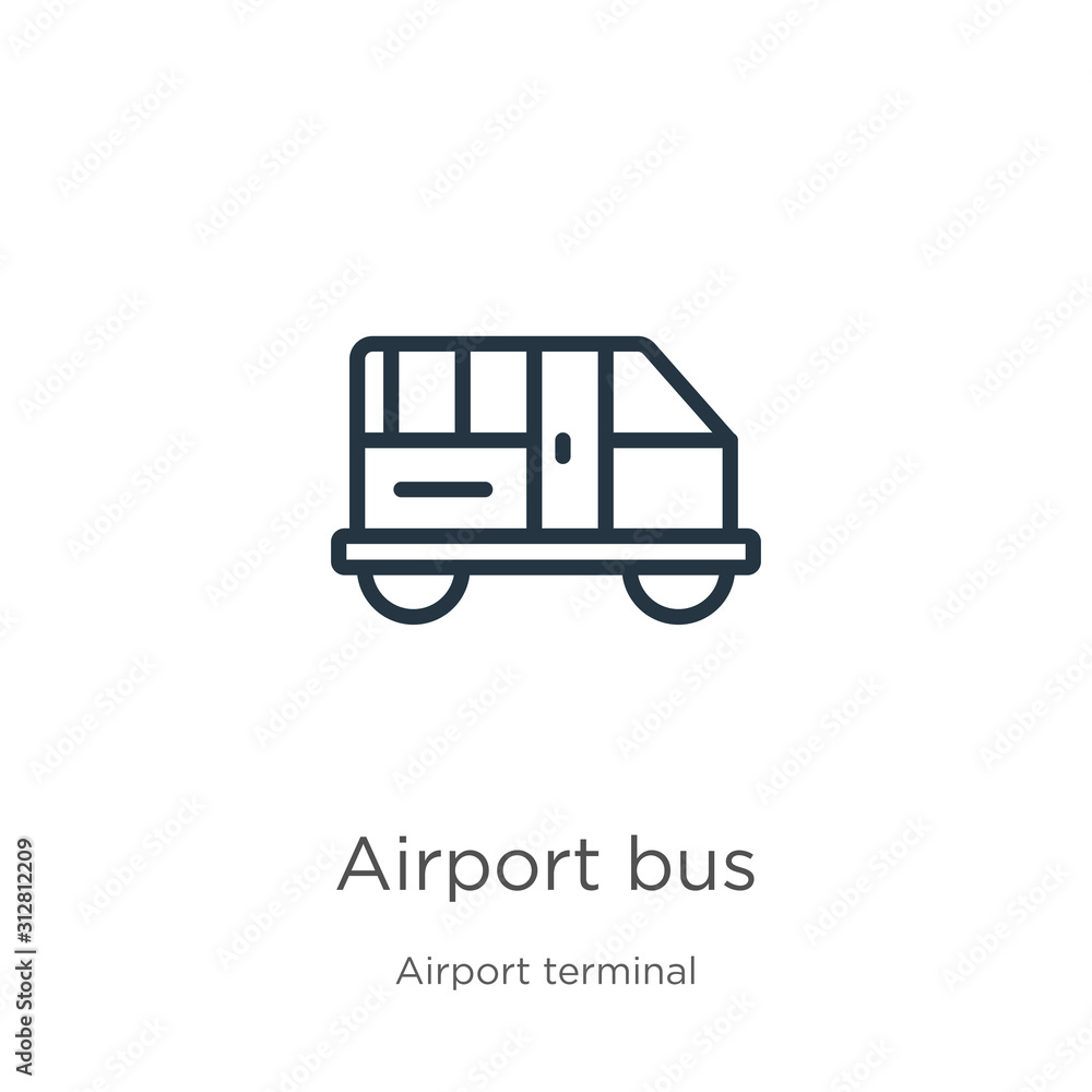 Airport bus icon. Thin linear airport bus outline icon isolated on white background from airport terminal collection. Line vector sign, symbol for web and mobile Airport bus icon. Thin linear airport bus outline icon isolated on white background from airport terminal collection. Line vector sign, symbol for web and mobile