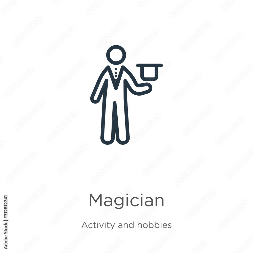 Magician icon. Thin linear magician outline icon isolated on white background from outdoor activities collection. Line vector sign, symbol for web and mobile Magician icon. Thin linear magician outline icon isolated on white background from outdoor activities collection. Line vector sign, symbol for web and mobile