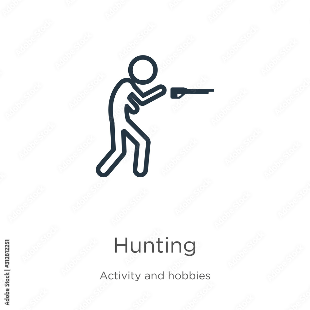 Hunting icon. Thin linear hunting outline icon isolated on white background from outdoor activities collection. Line vector sign, symbol for web and mobile Hunting icon. Thin linear hunting outline icon isolated on white background from outdoor activities collection. Line vector sign, symbol for web and mobile
