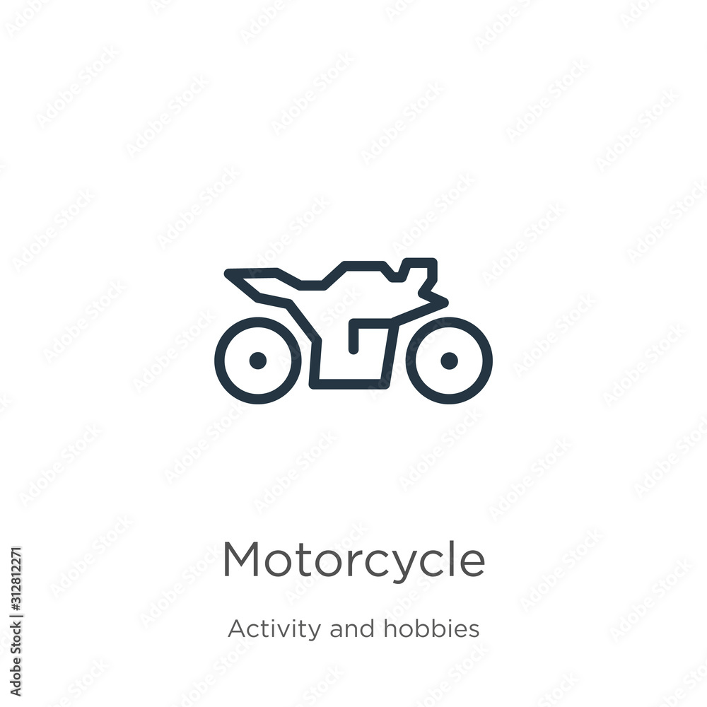 Motorcycle icon. Thin linear motorcycle outline icon isolated on white background from activities collection. Line vector sign, symbol for web and mobile Motorcycle icon. Thin linear motorcycle outline icon isolated on white background from activities collection. Line vector sign, symbol for web and mobile