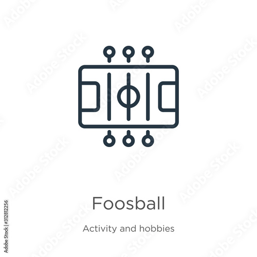 Foosball icon. Thin linear foosball outline icon isolated on white background from outdoor activities collection. Line vector sign, symbol for web and mobile