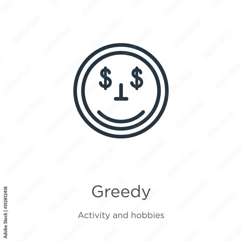Greedy icon. Thin linear greedy outline icon isolated on white background from activity and hobbies collection. Line vector sign, symbol for web and mobile Greedy icon. Thin linear greedy outline icon isolated on white background from activity and hobbies collection. Line vector sign, symbol for web and mobile