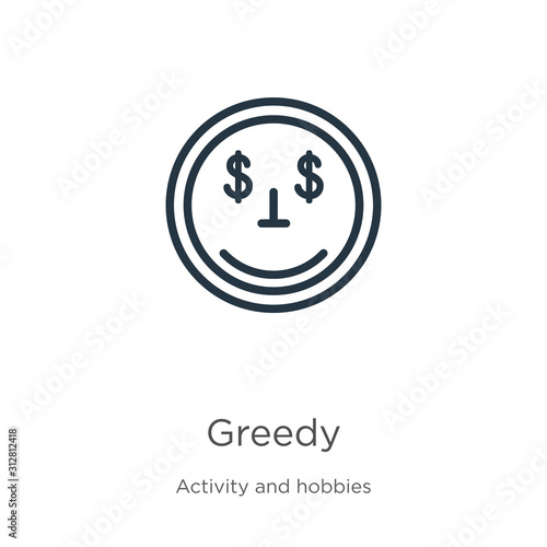 Greedy icon. Thin linear greedy outline icon isolated on white background from activity and hobbies collection. Line vector sign, symbol for web and mobile