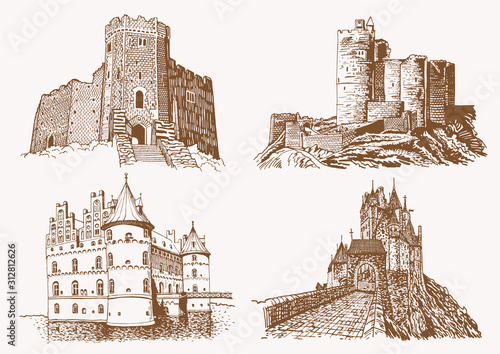 Graphical vintage set of medieval castles,vector sepia illustration
