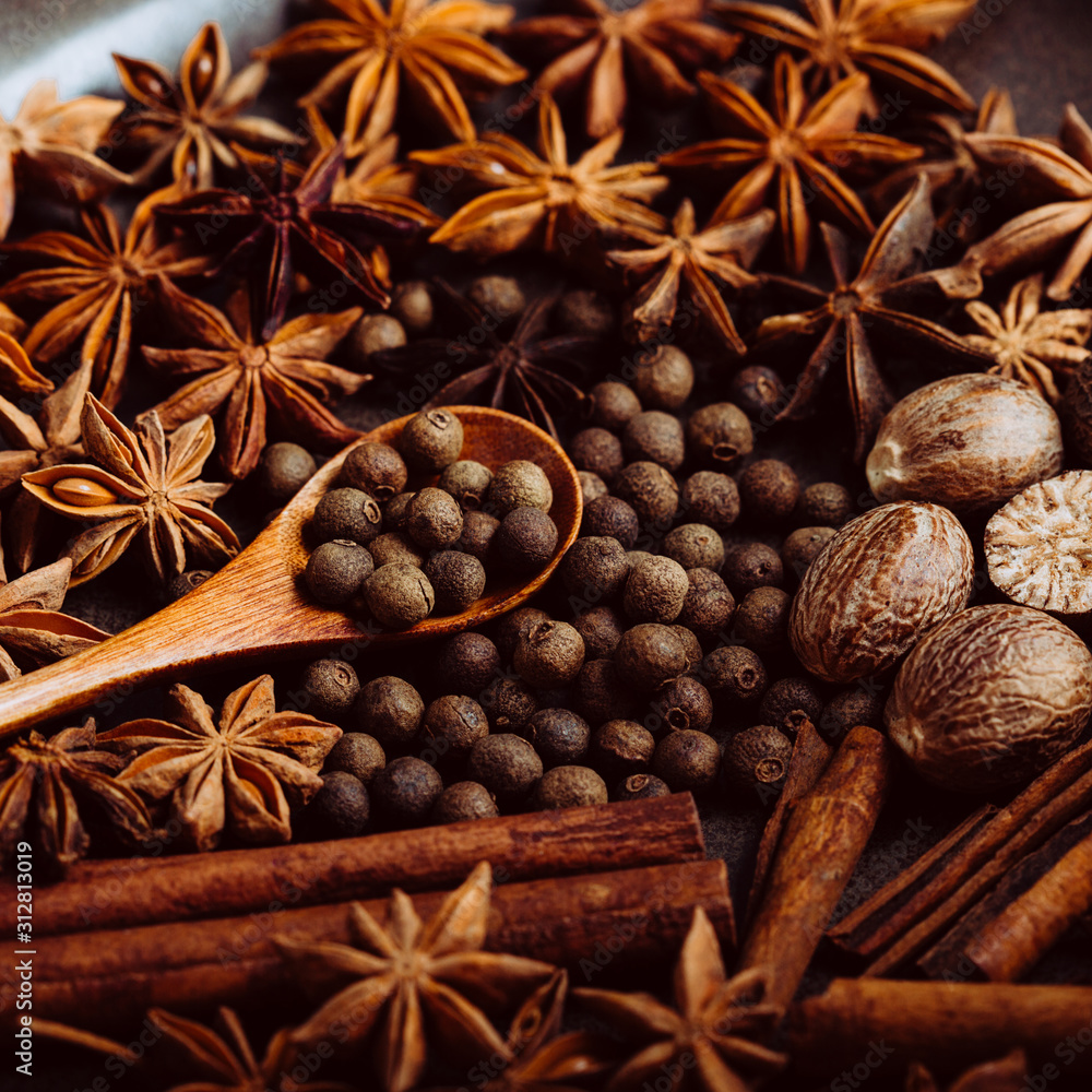 Mixed Spices Background, Fragrant Oriental Seasoning Mixed Spices Background, Fragrant Oriental Seasoning