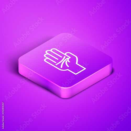 Isometric line Palmistry of the hand icon isolated on purple background. Purple square button. Vector Illustration