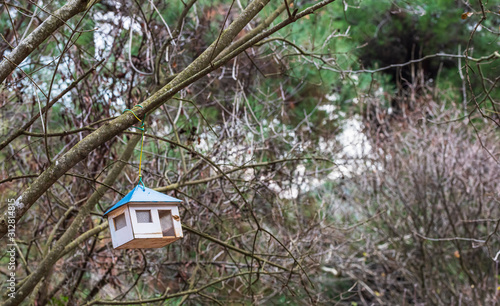 Birdhouse on a tree. Blue white birdhouse in the forest