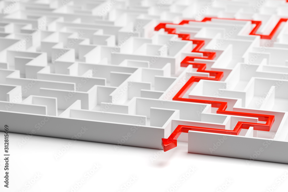 3d render: Concept - solving a complex problem. White maze with red ...