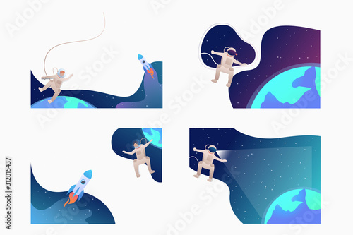 Astronaut in spacesuit floating in outer space set. Planet, rocket, cosmonaut. Flat vector illustrations. Cosmos, exploration concept for banner, website design or landing web page